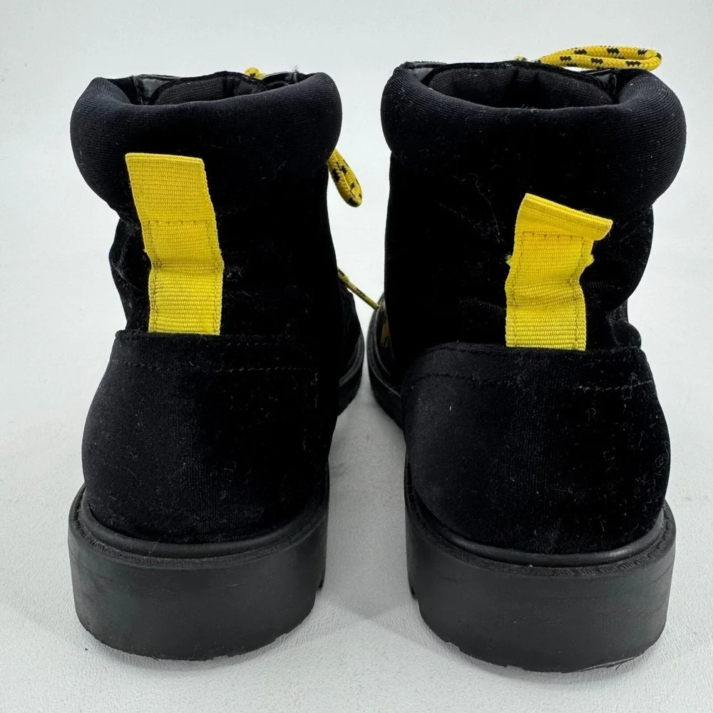 ASOS Design Hiking Boots MENS Black Velvet with Yellow Contrast Lace Up SIZE 9